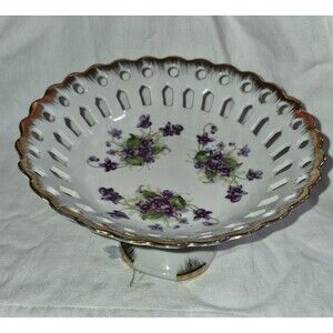 Lefton China Compote Lace/Reticulated w/Violet Bouquets Gold Trim Edge 7 1/2"x5"